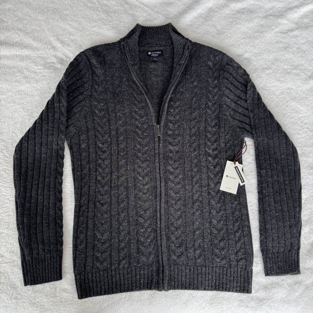 Sperry Men's Cable-Knit Full Zip Sweater Charcoal Heather Acrylic Wool Size S